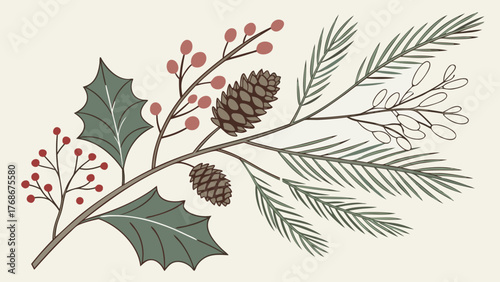 Winter botanical watercolour set with pine, berries, and dried flowers — elegant floral vector illustration