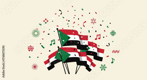Illustration of Sudanese national flags waving amidst a festive celebration with confetti and musical notes.