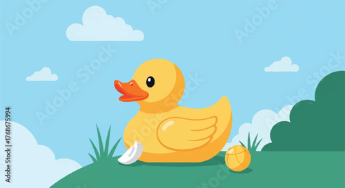 A cute yellow rubber duck toy sitting on a green grassy hill under a blue sky with clouds.