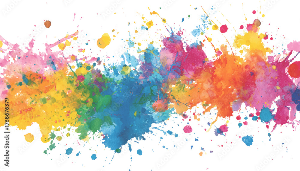 Fototapeta premium Colorful splashes of watercolor paint form an abstract design. Abstract art of colorful paint splatters on a white background. Rainbow paint splatter banner, white background, design