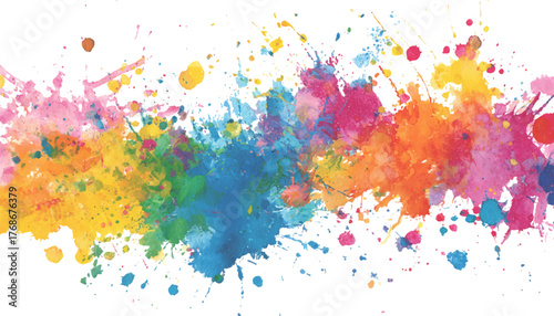 Colorful splashes of watercolor paint form an abstract design. Abstract art of colorful paint splatters on a white background. Rainbow paint splatter banner, white background, design