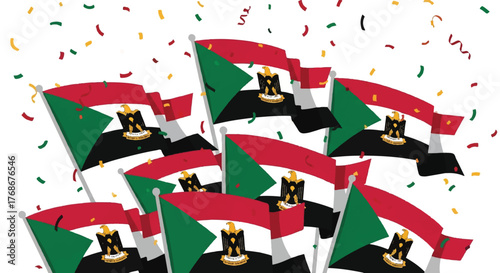 A joyful celebration with multiple waving Sudanese flags and colorful confetti falling from above.