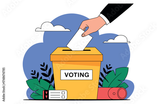 A hand places a ballot into a voting box during an election, symbolizing democracy.