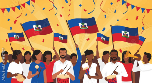 A joyful crowd of Haitian people celebrating a national holiday with flags, music, and confetti.