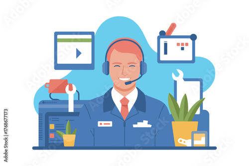A friendly customer service representative with a headset assists clients with their technical needs.