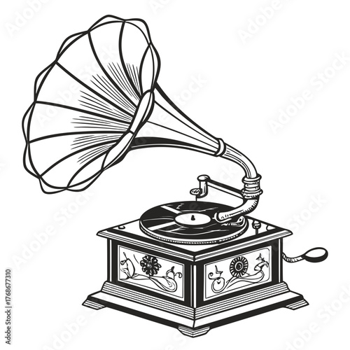 Antique Phonograph with Decorative Floral Engravings on White Background gramophone