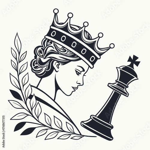 Elegant Queen Chess Piece with Laurel Wreath and King Chess Piece crown