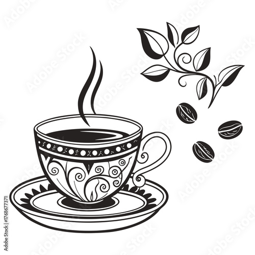 Decorative Coffee Cup with Steam and Coffee Beans Illustration saucer