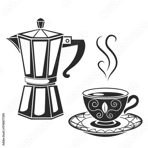 Moka Pot and Steaming Coffee Cup Illustration coffee maker stovetop