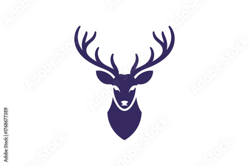 A stylized deer head with large antlers is depicted against a white background.