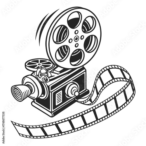 Antique Film Projector with Unspooling Film Strip movie projector cinema