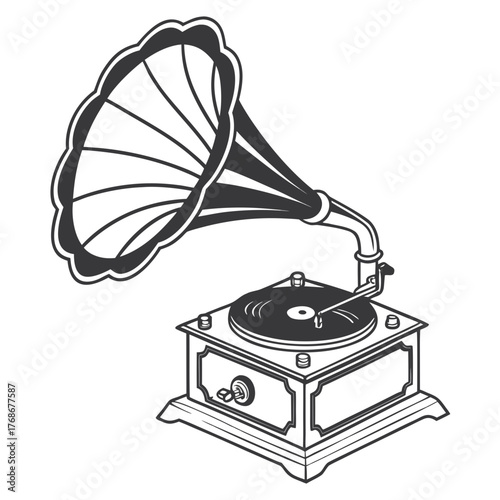 Antique Phonograph with Ornate Horn and Record gramophone vintage