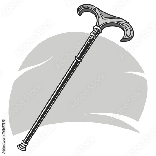 Monochrome Illustration of a Stylish Walking Cane with Curved Handle stick