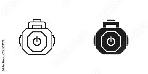 Octagonal device with a power button symbol, presented in both outline and solid black styles on a