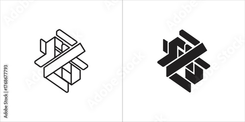 Abstract geometric shape icon, one outlined and one solid black