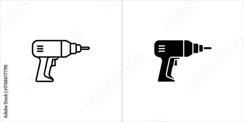 Two icons of a power drill, one outlined and one filled, isolated on a