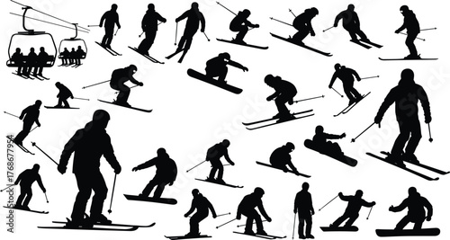 Skiing and snowboarding silhouettes, winter sports athletes in action, ski lift illustration, mountain adventure, outdoor recreation, cad drawing flat vector illustration