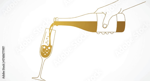 Elegant gold line art illustration of a hand pouring sparkling wine from a bottle into a flute glass.