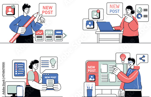 Each illustration is outlined with clean lines and includes subtle decorative elements like plants or icons (e.g., money, books, or hearts). The image is ideal for use in Adobe Stock as a versatile se