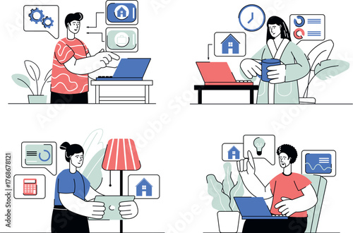 Each illustration is outlined with clean lines and includes subtle decorative elements like plants or icons (e.g., money, books, or hearts). The image is ideal for use in Adobe Stock as a versatile se