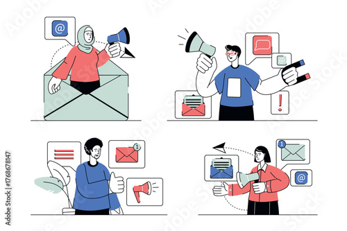 Each illustration is outlined with clean lines and includes subtle decorative elements like plants or icons (e.g., money, books, or hearts). The image is ideal for use in Adobe Stock as a versatile se