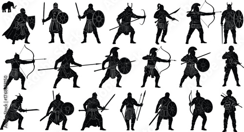 Ancient warriors and archers silhouettes, medieval soldiers with swords and shields, historical battle poses, spartan fighters, gladiators, cad drawing flat vector illustration