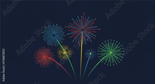 A vibrant graphic illustration of colorful fireworks exploding against a dark night sky during a celebration.