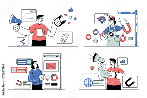 Each illustration is outlined with clean lines and includes subtle decorative elements like plants or icons (e.g., money, books, or hearts). The image is ideal for use in Adobe Stock as a versatile se