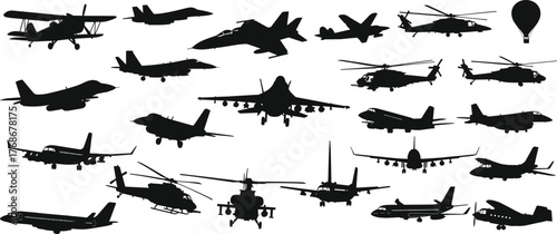 Various aircraft and helicopter silhouettes, commercial airplane, fighter jet, air balloon, aviation transport collection, flight vehicles, cad drawing flat vector illustration