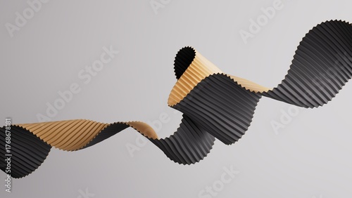 Golden and black zigzag paper sculpture with elegant folds on minimal geometric background. 3d render illustration.