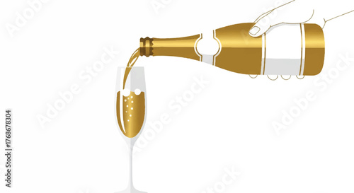 Elegant illustration of a hand pouring golden, bubbly champagne from a bottle into a flute glass.
