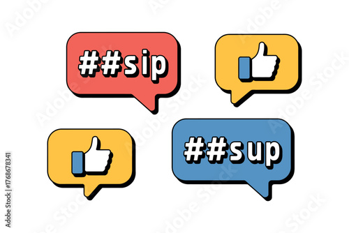 Speech bubbles with social media hashtags and like icons symbolize online communication and engagement.