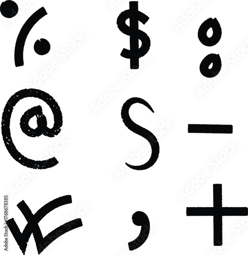 Collection of hand drawn symbols and punctuation marks on white background