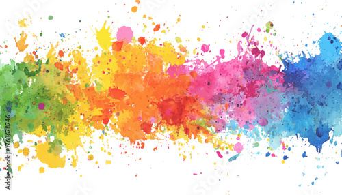 Colorful splashes of watercolor paint form an abstract design. Abstract art of colorful paint splatters on a white background. Rainbow paint splatter banner, white background, design