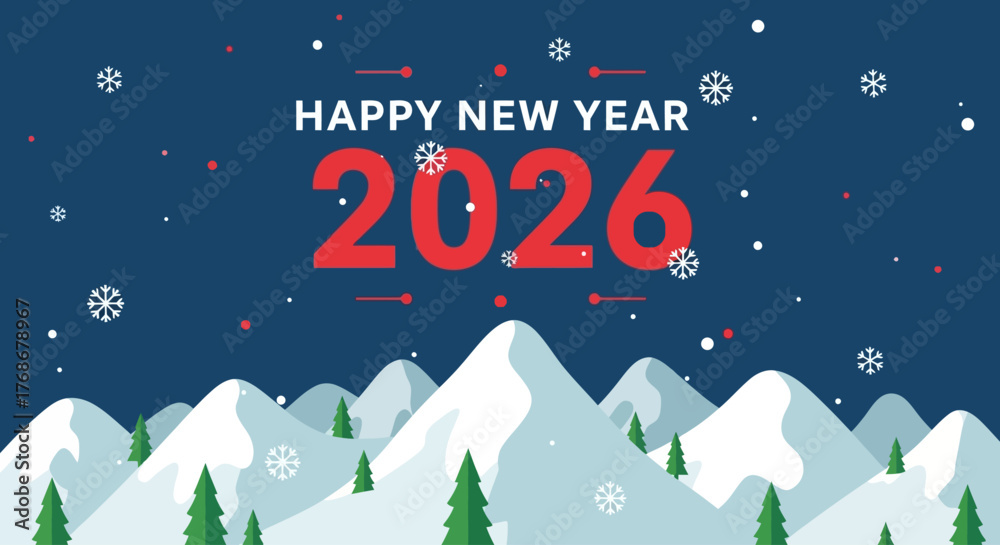 Naklejka premium Celebrate Happy New Year 2026 with Winter Mountain Scenery