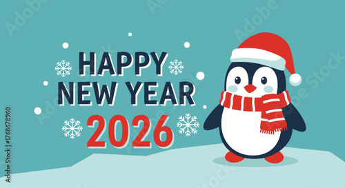 Cute penguin in a Santa hat wishing Happy New Year 2026 on a teal background