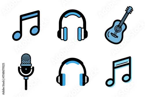 Music and Audio Icons Set: Guitar, Headphones, Microphone, and Musical Notes in Flat Design