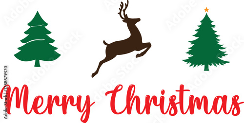 Festive Christmas illustration featuring joyful holiday elements like Santa, snowman, reindeer, trees, snowflakes, and cheerful typography. Perfect for greeting cards, posters, invitations, t-shirts, 