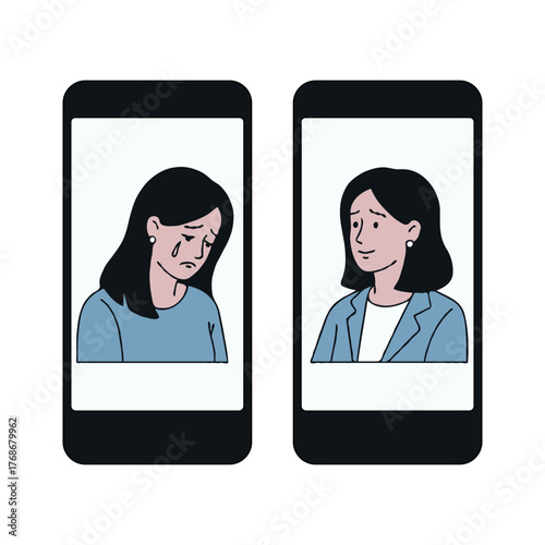 Two smartphones show a sad woman and a comforting woman, hand-drawn style, plain white background, concept of emotional support and empathy, online therapy