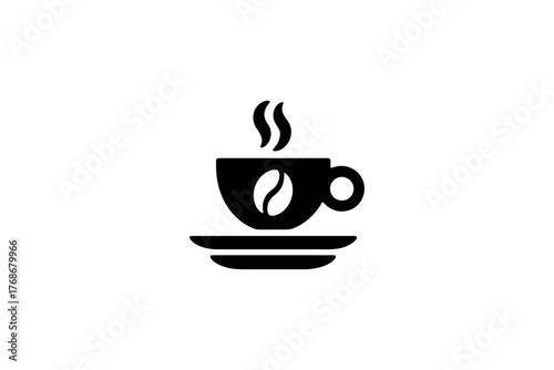 A steaming cup of coffee with a coffee bean symbol is depicted in a simple icon.
