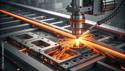 High-tech industrial laser cutting machine manufacturing precision metal fabrication sparks flying