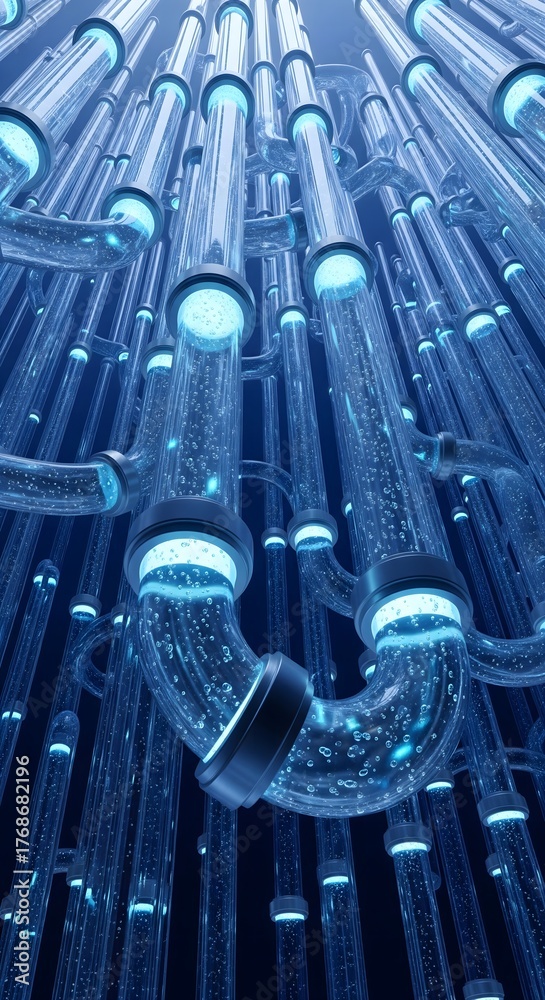 Fototapeta premium Abstract futuristic background of glowing blue pipes and data streams