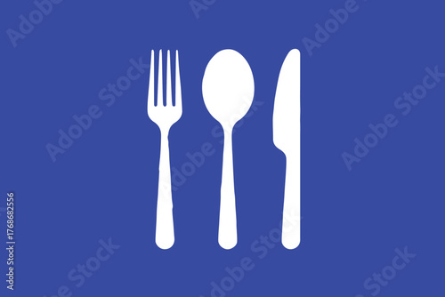 minimal flatware trio fork spoon knife dining utensil icon solid blue background restaurant branding vector ai eps jpeg png