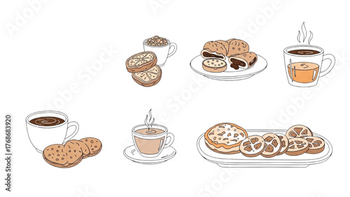 Various types of cookies, cakes and hot beverages collection