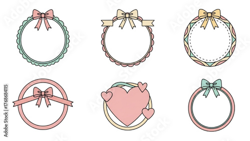 A set of cute decorative round and heart label frames with lovely ribbon bows for celebration