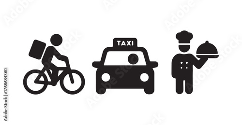 Vector illustration set depicting delivery man on a bicycle, a taxi car, and a chef with a tray, perfect for restaurant or transport services