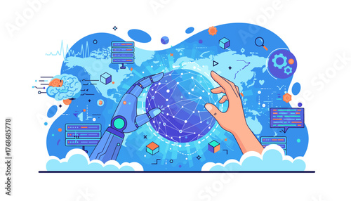 Futuristic AI and human hands collaborating on a glowing digital globe, symbolizing global connectivity, artificial intelligence, machine learning, data science, and technological advancement, set