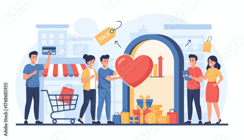 Diverse group of happy shoppers celebrating a successful shopping experience, receiving a large red heart symbolizing loyalty and rewards, with shopping bags, gift boxes, coins, and a sale tag