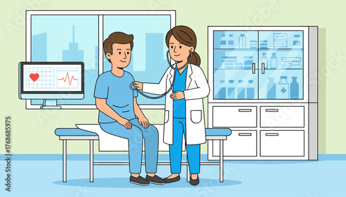A friendly female physician in a white coat uses a stethoscope to examine a young male patient sitting on an examination table in a modern clinic, with a heart monitor displaying vital signs in the