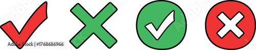 Set of four common symbols including a check mark and an X mark, presented in a row against a white background